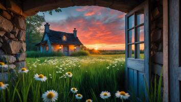 Charming Cottage in Meadow at Sunset View Through Open Door photo