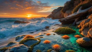 Sunset Ocean Waves Crashing on Rocky Coast with Tide Pool and Sea Life photo