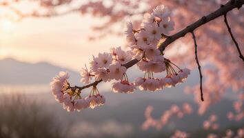 Blooming Tree Branch with Pink Flowers at Sunrise Over Misty Mountains photo