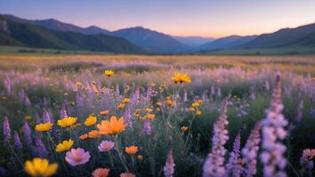 Wildflower Meadow at Sunset with Mountain Valley View photo