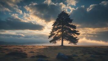Lone Tree Silhouette at Sunrise with Dramatic Clouds and Misty Field photo