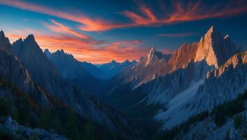 Dramatic Mountain Range Panorama at Sunset with Colorful Sky photo