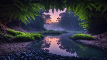 Serene River Flowing Through Misty Forest at Dawn with Fern Canopy photo