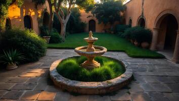 Tranquil Courtyard Garden with Fountain and Lush Green Grass at Sunset photo