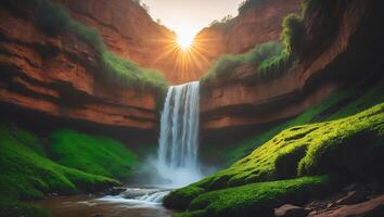 Majestic Waterfall Cascading Into Lush Green Canyon at Sunset photo