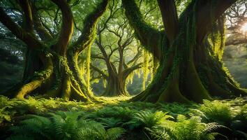 Lush Green Forest with Mossy Trees and Sunlight Ideal for Nature Wallpaper photo