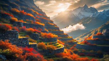 Autumn Mountain Terraces at Sunset with Colorful Foliage and Dramatic Peaks photo