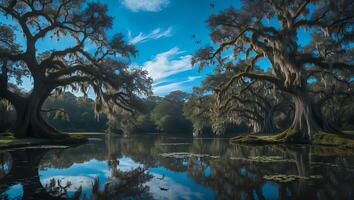 Serene Swamp Landscape with Mossy Trees and Tranquil Water Reflection photo