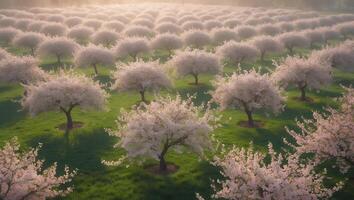 Blooming Orchard Aerial View at Sunrise with Soft Light and Pastel Colors photo