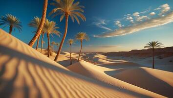 Desert Oasis Palm Trees on Sand Dunes at Sunset with Blue Sky photo
