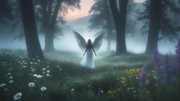 Mystical Figure with Wings in Misty Forest Meadow at Dawn photo