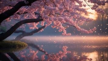 Blooming Tree Reflected in Calm Water at Sunset Serene Spring Landscape photo