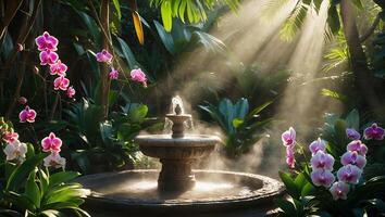 Tranquil Garden Fountain with Orchids and Sunbeams in Lush Greenery photo