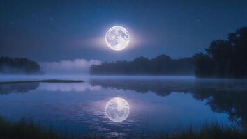 Mystical Moonlit Lake with Foggy Forest Reflection at Night photo