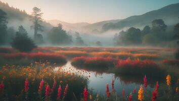 Misty Sunrise Over a Meadow with Colorful Wildflowers and a Calm Stream photo