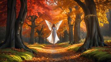 Serene Figure with Wings Floating Down Autumn Forest Path photo