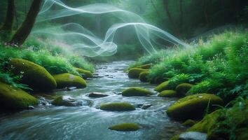 Mystical Forest Stream Flowing Through Lush Green Landscape photo
