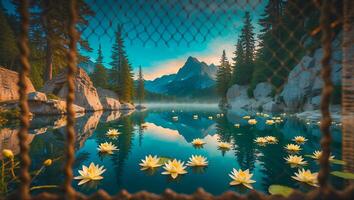 Serene Mountain Lake with Water Lilies and Sunrise Reflection photo