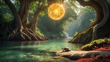 Serene River Landscape with Turtle and Glowing Orb in Fantasy Forest photo