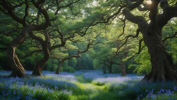 Enchanted Forest Path with Bluebells and Sunlight Through Trees photo