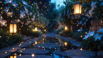 Enchanted Garden Path with Lanterns and Twinkling Lights at Dusk photo
