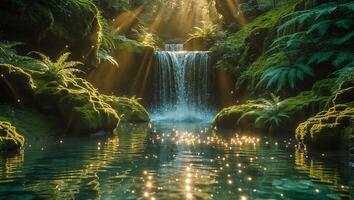 Magical Waterfall in Lush Green Forest with Sparkling Water and Sunlight photo