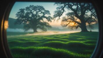 Sunrise Over Misty Green Field with Majestic Trees Landscape Photography photo