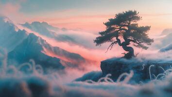 Lone Tree on Mountain Cliff at Sunset with Fog and Pink Sky photo