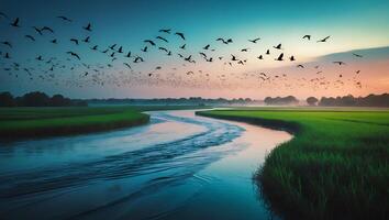 Birds Flying Over Serene River Landscape at Sunset photo