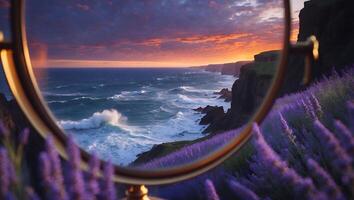 Dramatic Ocean Waves Crashing on Cliffs at Sunset Reflected in Mirror with Lavender photo