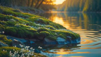 Tranquil Riverbank with Lush Moss and Golden Sunset Reflection photo
