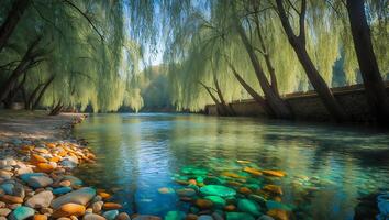 Serene River Flows Under Willow Trees with Colorful Rocks in Sunlight photo
