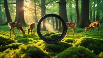 Deer Grazing in Sunny Forest Through Camera Lens photo