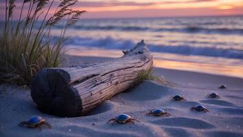 Blue Beetles Crawling on Sandy Beach at Sunset with Driftwood photo