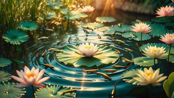 Serene Water Lilies and Fish in Tranquil Pond at Golden Hour photo