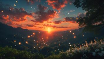 Magical Sunset Landscape with Floating Lights and Mountain View photo