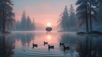 Serene Lake Sunrise with Ducks Swimming and Misty Forest photo