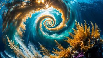 Surreal Underwater Scene with Swirling Sky and Coral Reef photo
