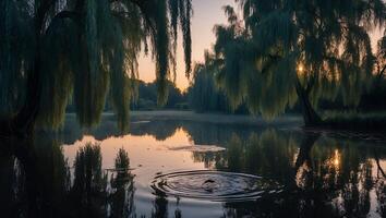 Serene Sunrise Lake with Bird Ripples and Willow Trees Reflection photo