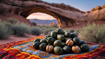 Fresh Olives and Pistachios on a Vibrant Blanket in Desert Landscape photo