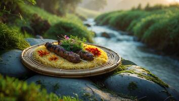 Grilled Skewers and Rice by a Tranquil Stream Outdoor Dining photo