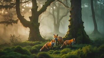 Foxes Exploring Misty Forest at Sunrise Wildlife Nature Scene photo