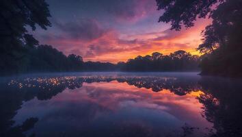 Serene Lake Reflecting Vibrant Sunset with Glowing Lights at Twilight photo