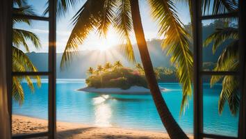 Tropical Island Sunrise View From Open Window with Palm Trees photo