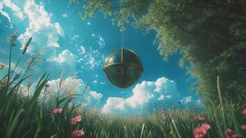 Hanging Globe in Summer Meadow with Blue Sky and Clouds photo