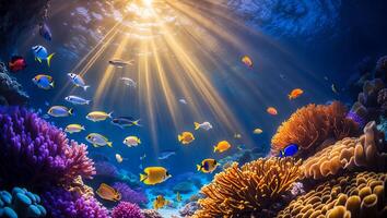 Vibrant Coral Reef with Tropical Fish Swimming in Sunlit Ocean photo