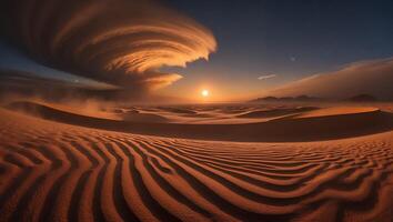 Dramatic Desert Sunset with Unique Cloud Formation and Sand Dunes photo