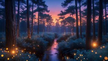 Enchanted Forest Stream at Sunset with Glowing Lights and Tall Trees photo