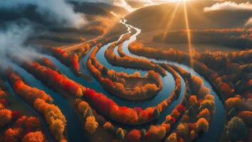 Winding River Through Autumn Forest at Sunrise Aerial View photo