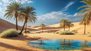 Serene Desert Oasis Palm Trees and Blue Water Under Cloudy Sky photo